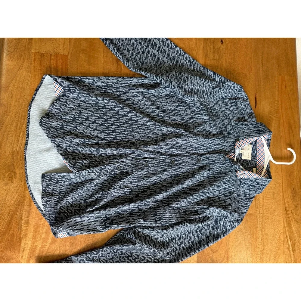 Construct Mens Slim Fit 4-Way Stretch Geometric Hexagon Button Down Shirt Navy M - Picture 4 of 7